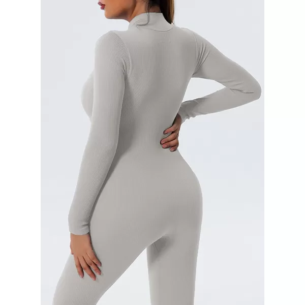 Happy Sailed Women's Jumpsuits Ribbed One Piece Workout Rompers Long Sleeve Front Zipper Bodycon Yoga Romper for Exercise