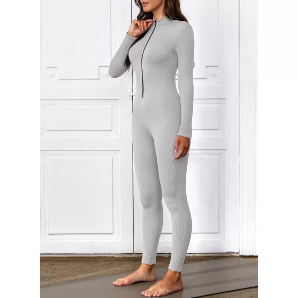 Happy Sailed Women's Jumpsuits Ribbed One Piece Workout Rompers Long Sleeve Front Zipper Bodycon Yoga Romper for Exercise