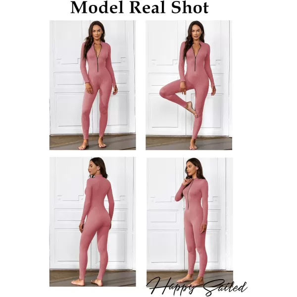 Happy Sailed Women's Jumpsuits Ribbed One Piece Workout Rompers Long Sleeve Front Zipper Bodycon Yoga Romper for Exercise