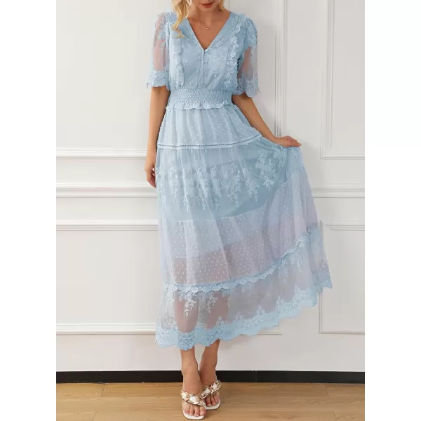Happy Sailed Womens V Neck Button Down Floral Lace Maxi Dress Short Sleeve Boho Flowy Dresses