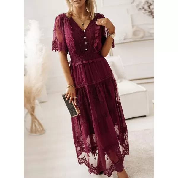 Happy Sailed Womens V Neck Button Down Floral Lace Maxi Dress Short Sleeve Boho Flowy Dresses