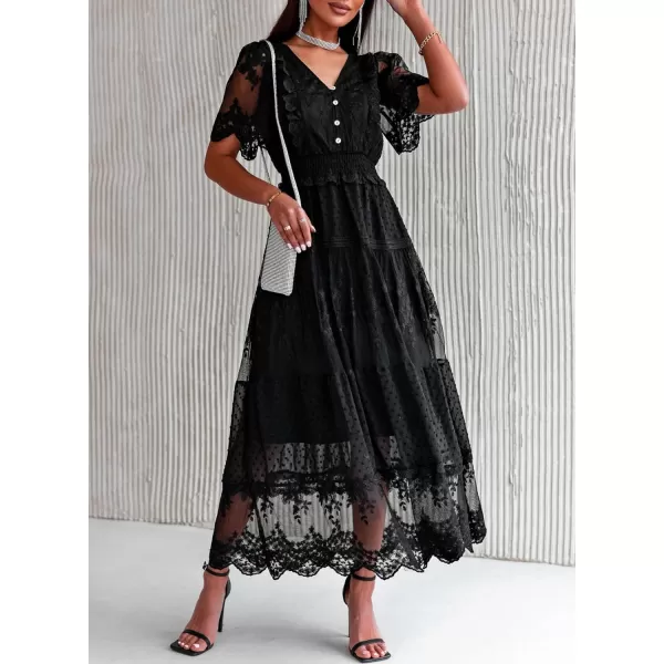 Happy Sailed Womens V Neck Button Down Floral Lace Maxi Dress Short Sleeve Boho Flowy Dresses