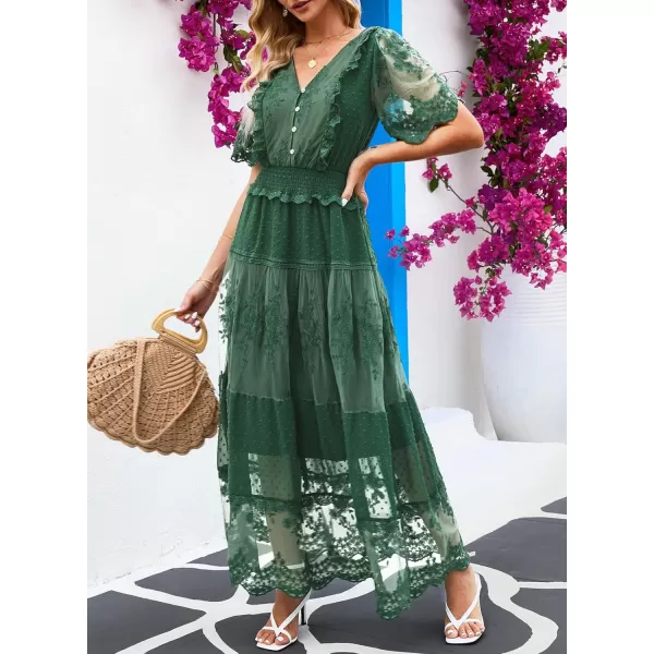 Happy Sailed Womens V Neck Button Down Floral Lace Maxi Dress Short Sleeve Boho Flowy Dresses