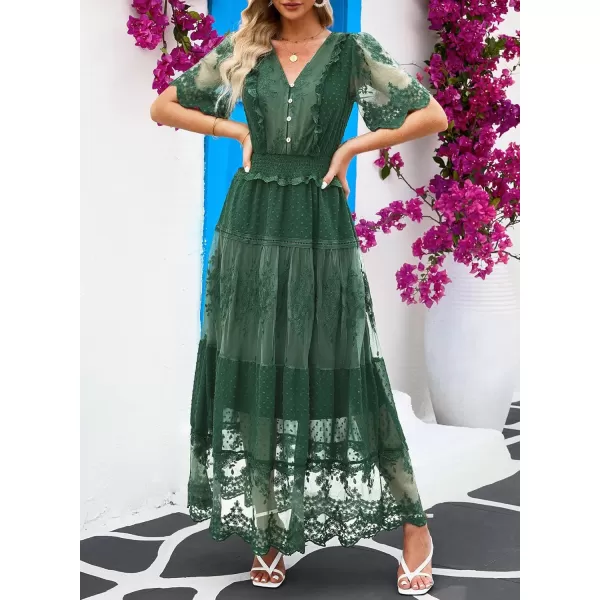 Happy Sailed Womens V Neck Button Down Floral Lace Maxi Dress Short Sleeve Boho Flowy Dresses