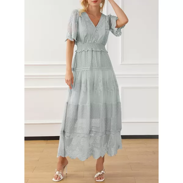 Happy Sailed Womens V Neck Button Down Floral Lace Maxi Dress Short Sleeve Boho Flowy Dresses