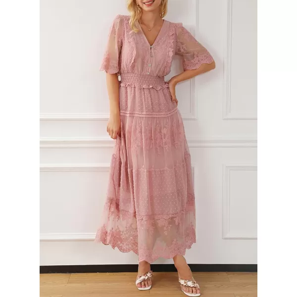 Happy Sailed Womens V Neck Button Down Floral Lace Maxi Dress Short Sleeve Boho Flowy Dresses