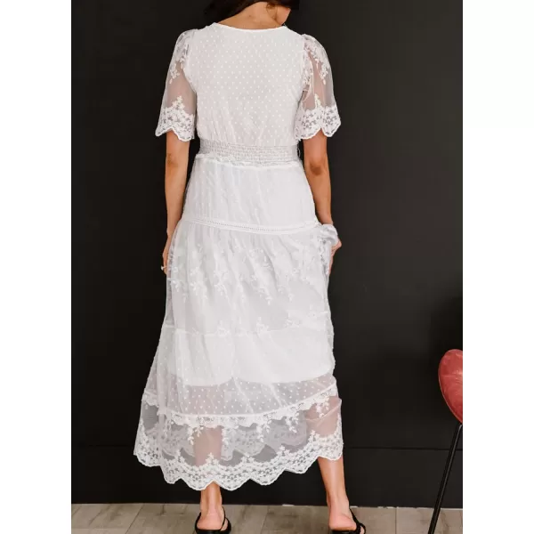 Happy Sailed Womens V Neck Button Down Floral Lace Maxi Dress Short Sleeve Boho Flowy Dresses