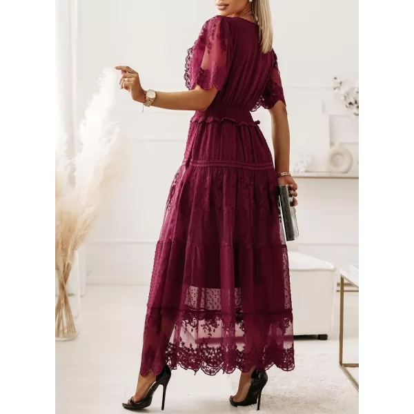 Happy Sailed Womens V Neck Button Down Floral Lace Maxi Dress Short Sleeve Boho Flowy Dresses