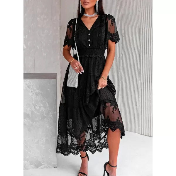 Happy Sailed Womens V Neck Button Down Floral Lace Maxi Dress Short Sleeve Boho Flowy Dresses