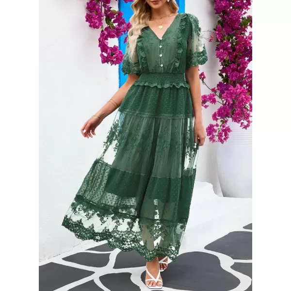 Happy Sailed Womens V Neck Button Down Floral Lace Maxi Dress Short Sleeve Boho Flowy Dresses