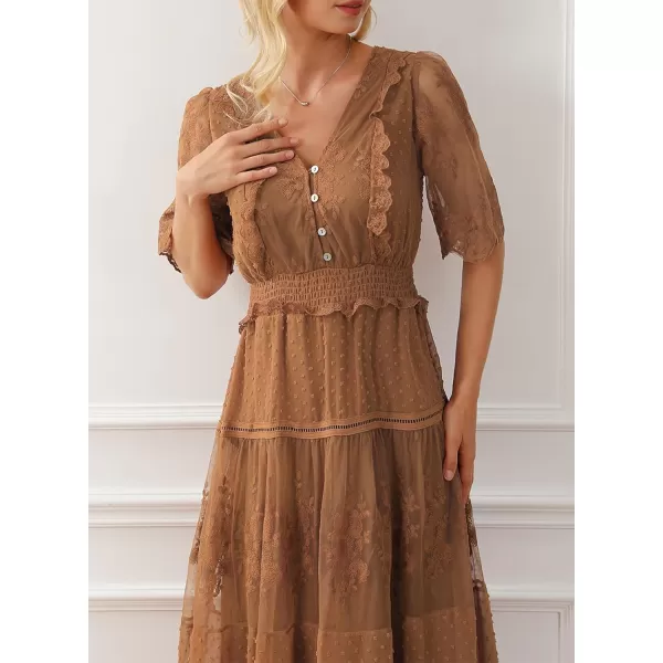 Happy Sailed Womens V Neck Button Down Floral Lace Maxi Dress Short Sleeve Boho Flowy Dresses