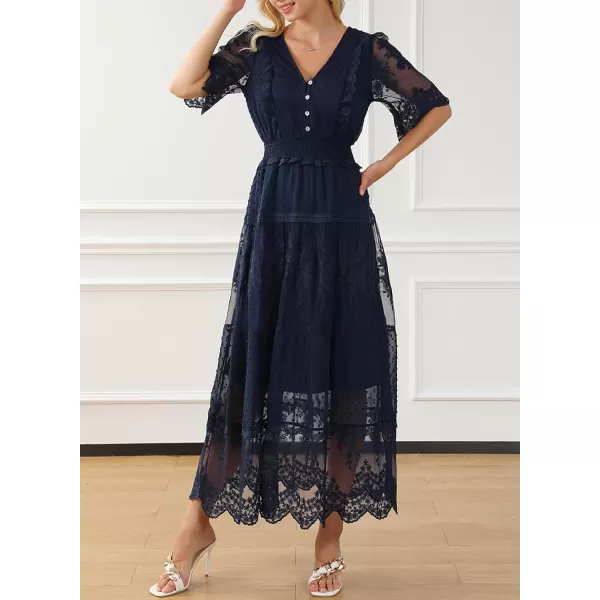 Happy Sailed Womens V Neck Button Down Floral Lace Maxi Dress Short Sleeve Boho Flowy Dresses