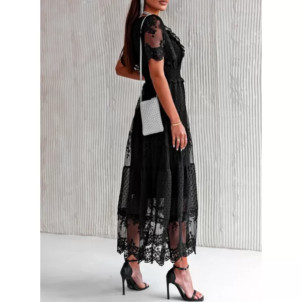 Happy Sailed Womens V Neck Button Down Floral Lace Maxi Dress Short Sleeve Boho Flowy Dresses