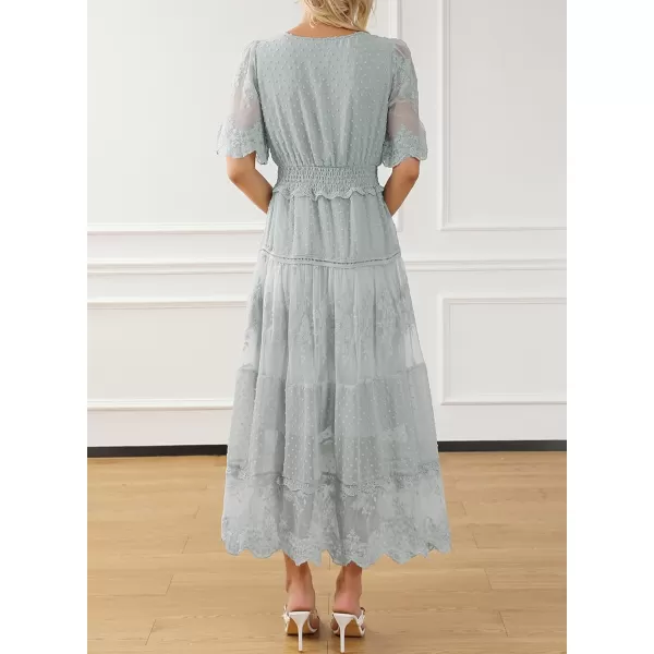 Happy Sailed Womens V Neck Button Down Floral Lace Maxi Dress Short Sleeve Boho Flowy Dresses
