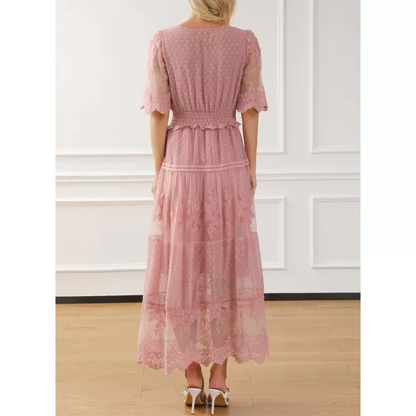Happy Sailed Womens V Neck Button Down Floral Lace Maxi Dress Short Sleeve Boho Flowy Dresses