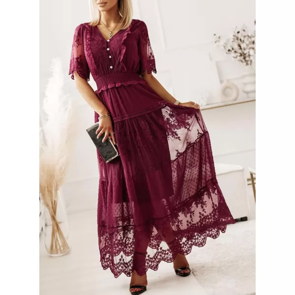 Happy Sailed Womens V Neck Button Down Floral Lace Maxi Dress Short Sleeve Boho Flowy Dresses