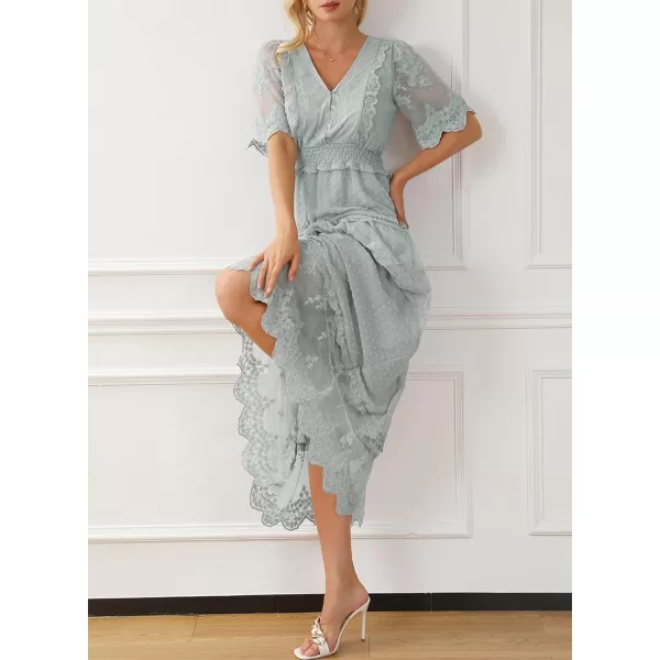 Happy Sailed Womens V Neck Button Down Floral Lace Maxi Dress Short Sleeve Boho Flowy Dresses