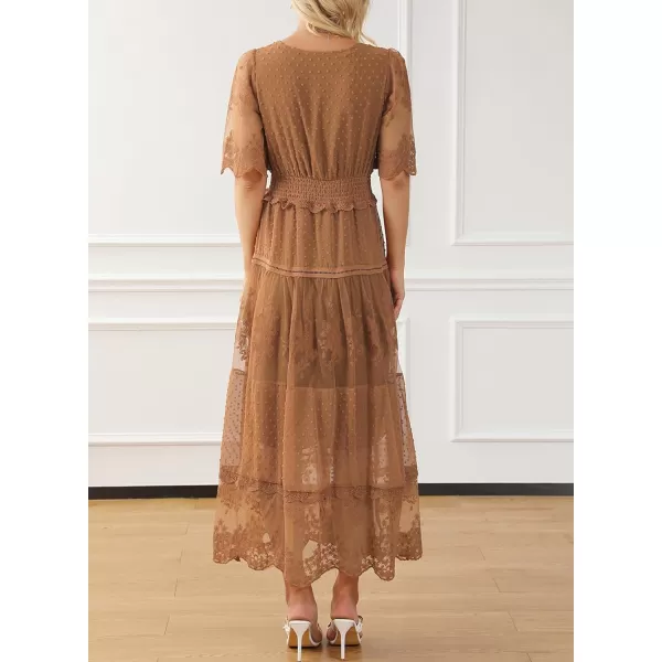 Happy Sailed Womens V Neck Button Down Floral Lace Maxi Dress Short Sleeve Boho Flowy Dresses