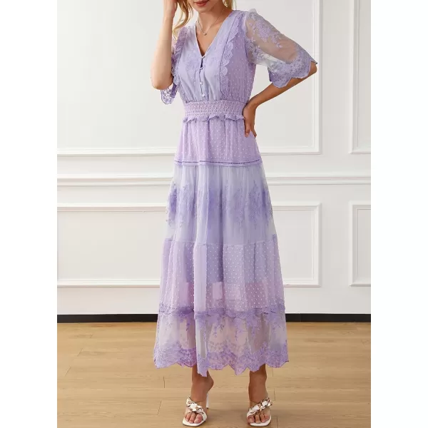 Happy Sailed Womens V Neck Button Down Floral Lace Maxi Dress Short Sleeve Boho Flowy Dresses