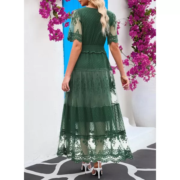 Happy Sailed Womens V Neck Button Down Floral Lace Maxi Dress Short Sleeve Boho Flowy Dresses