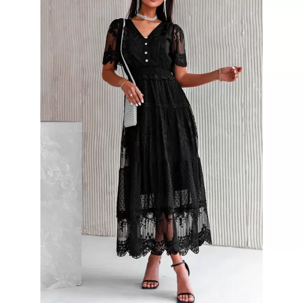 Happy Sailed Womens V Neck Button Down Floral Lace Maxi Dress Short Sleeve Boho Flowy Dresses