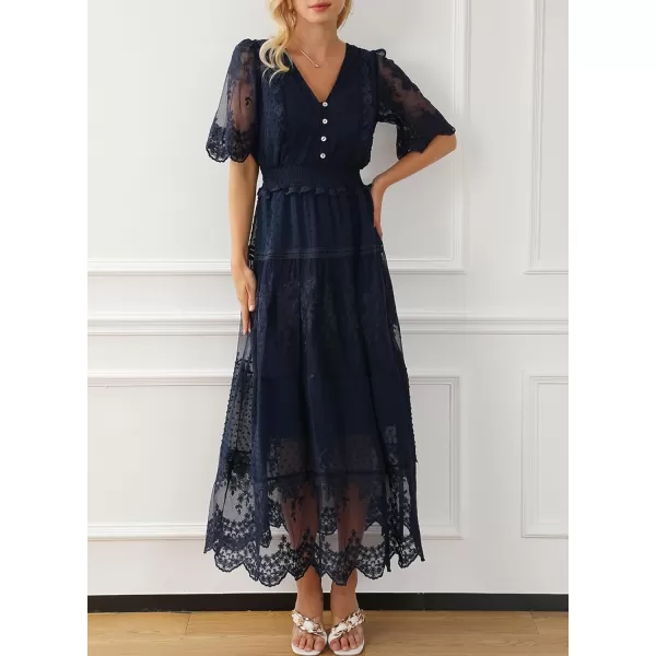 Happy Sailed Womens V Neck Button Down Floral Lace Maxi Dress Short Sleeve Boho Flowy Dresses