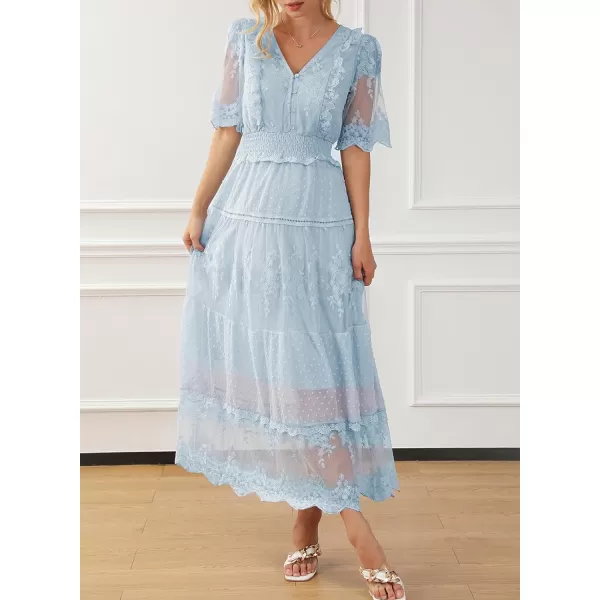 Happy Sailed Womens V Neck Button Down Floral Lace Maxi Dress Short Sleeve Boho Flowy Dresses