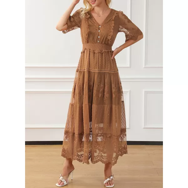 Happy Sailed Womens V Neck Button Down Floral Lace Maxi Dress Short Sleeve Boho Flowy Dresses