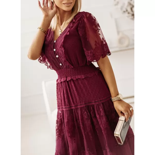 Happy Sailed Womens V Neck Button Down Floral Lace Maxi Dress Short Sleeve Boho Flowy Dresses