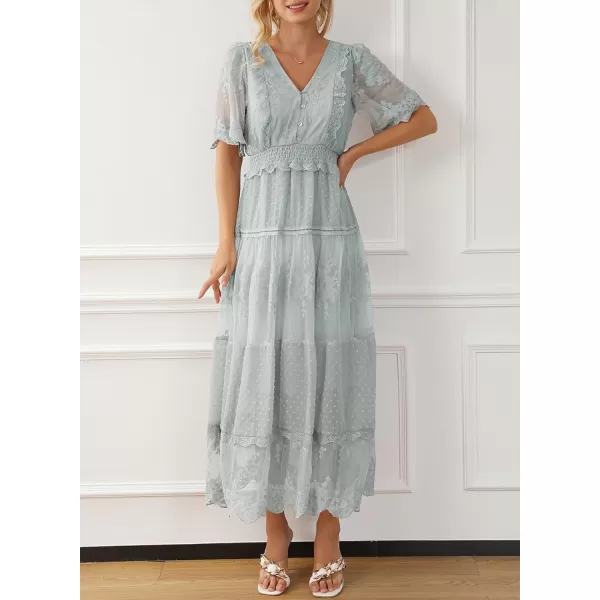 Happy Sailed Womens V Neck Button Down Floral Lace Maxi Dress Short Sleeve Boho Flowy Dresses