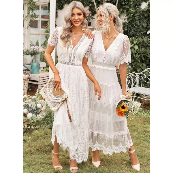 Happy Sailed Womens V Neck Button Down Floral Lace Maxi Dress Short Sleeve Boho Flowy Dresses