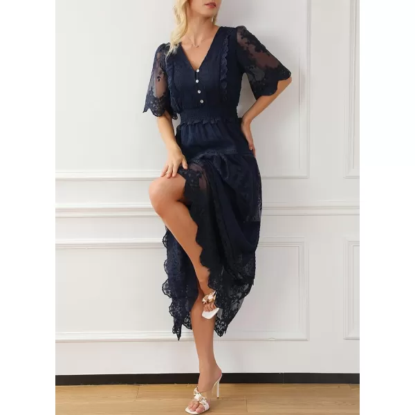 Happy Sailed Womens V Neck Button Down Floral Lace Maxi Dress Short Sleeve Boho Flowy Dresses