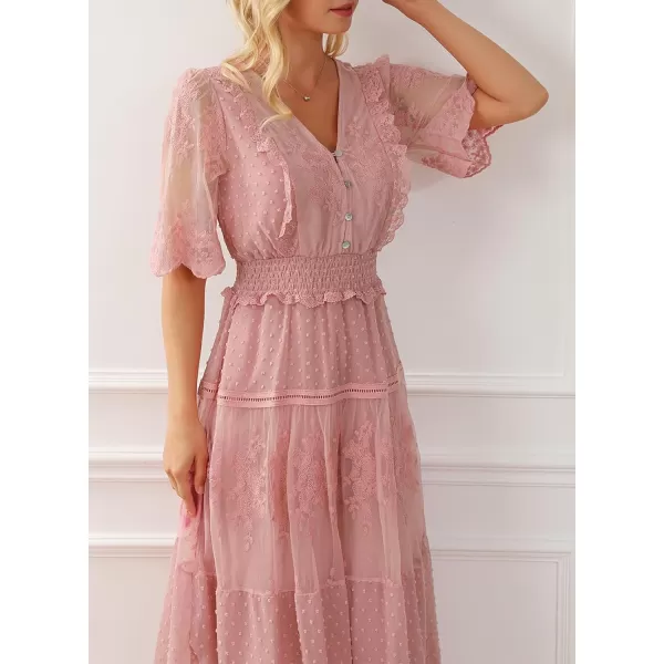 Happy Sailed Womens V Neck Button Down Floral Lace Maxi Dress Short Sleeve Boho Flowy Dresses
