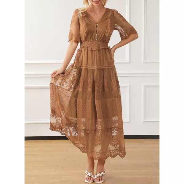 Happy Sailed Womens V Neck Button Down Floral Lace Maxi Dress Short Sleeve Boho Flowy Dresses