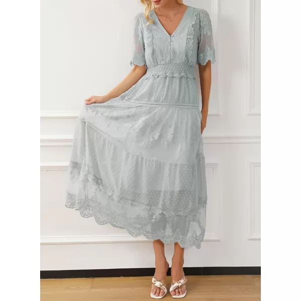 Happy Sailed Womens V Neck Button Down Floral Lace Maxi Dress Short Sleeve Boho Flowy Dresses
