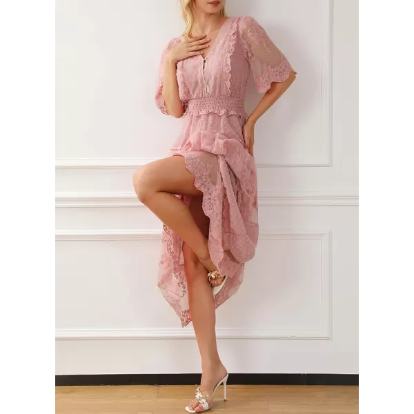 Happy Sailed Womens V Neck Button Down Floral Lace Maxi Dress Short Sleeve Boho Flowy Dresses