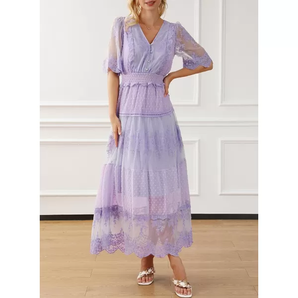 Happy Sailed Womens V Neck Button Down Floral Lace Maxi Dress Short Sleeve Boho Flowy Dresses