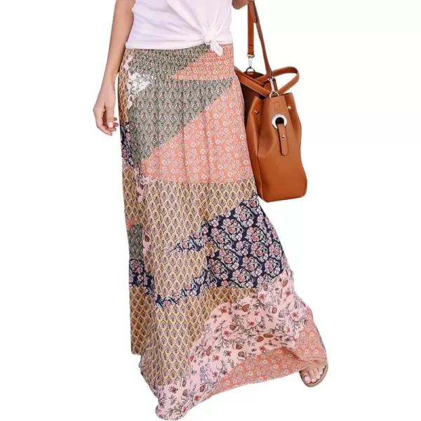 Happy Sailed Womens Floral Print Boho Maxi Skirt Elastic High Waist Pleated Ruffle Flowy Long Skirts S-XL