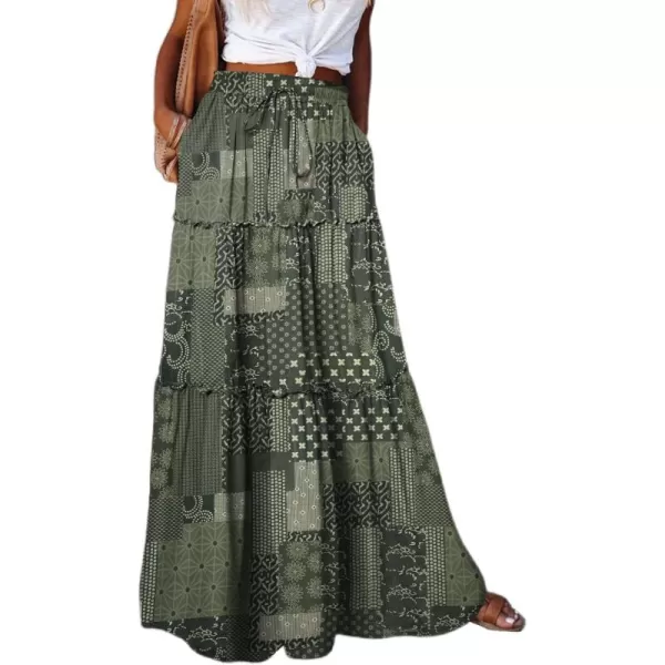Happy Sailed Womens Floral Print Boho Maxi Skirt Elastic High Waist Pleated Ruffle Flowy Long Skirts S-XL
