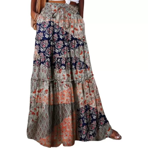 Happy Sailed Womens Floral Print Boho Maxi Skirt Elastic High Waist Pleated Ruffle Flowy Long Skirts S-XL