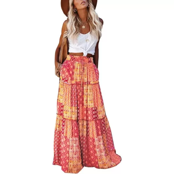 Happy Sailed Womens Floral Print Boho Maxi Skirt Elastic High Waist Pleated Ruffle Flowy Long Skirts S-XL