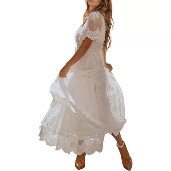 Happy Sailed Womens V Neck Button Down Floral Lace Maxi Dress Short Sleeve Boho Flowy Dresses
