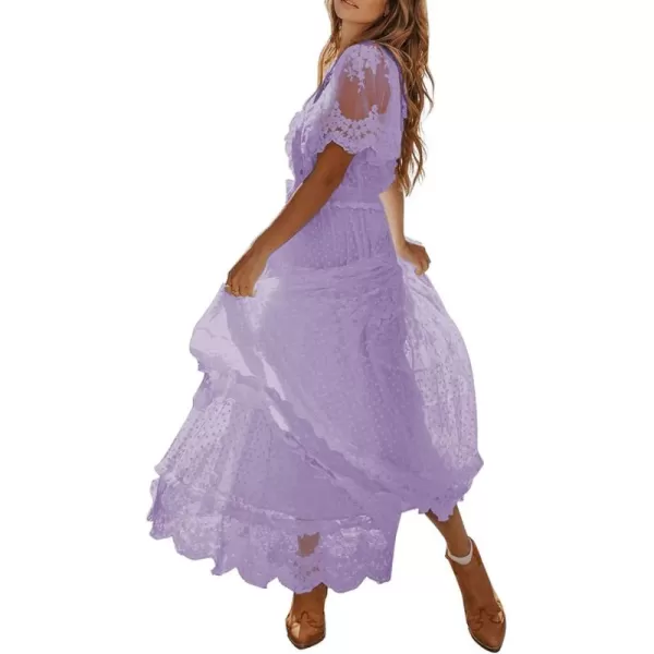 Happy Sailed Womens V Neck Button Down Floral Lace Maxi Dress Short Sleeve Boho Flowy Dresses