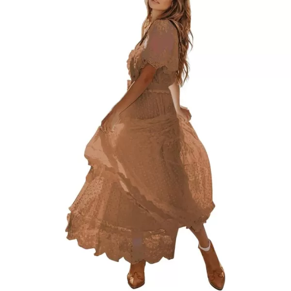 Happy Sailed Womens V Neck Button Down Floral Lace Maxi Dress Short Sleeve Boho Flowy Dresses