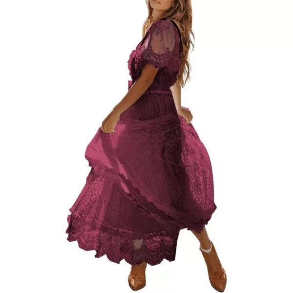 Happy Sailed Womens V Neck Button Down Floral Lace Maxi Dress Short Sleeve Boho Flowy Dresses
