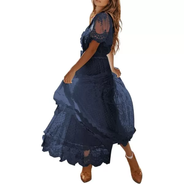 Happy Sailed Womens V Neck Button Down Floral Lace Maxi Dress Short Sleeve Boho Flowy Dresses