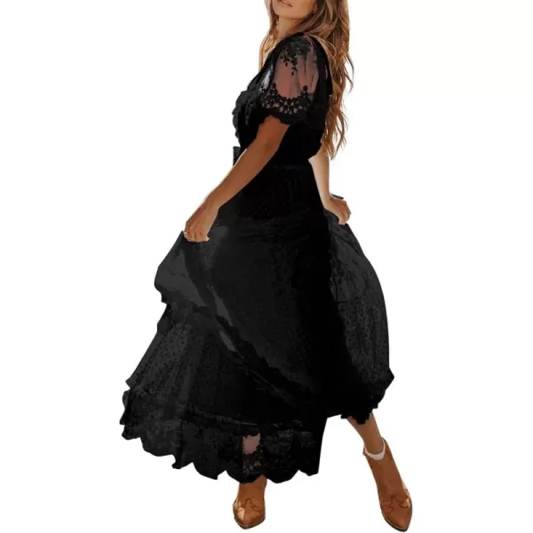 Happy Sailed Womens V Neck Button Down Floral Lace Maxi Dress Short Sleeve Boho Flowy Dresses