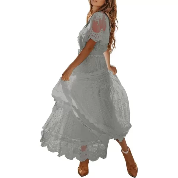 Happy Sailed Womens V Neck Button Down Floral Lace Maxi Dress Short Sleeve Boho Flowy Dresses