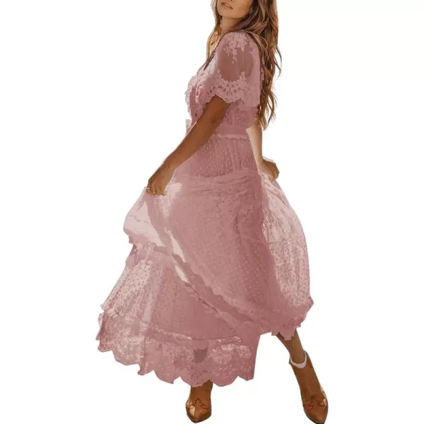 Happy Sailed Womens V Neck Button Down Floral Lace Maxi Dress Short Sleeve Boho Flowy Dresses