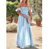 imageHappy Sailed Womens 2025 Summer Smocked Off The Shoulder Maxi Dresses Ruffle Short Sleeve A Line Side Slit SundressB Blue